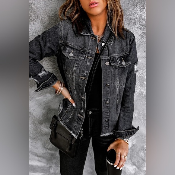 Jackets & Blazers - Classic Black Jean Denim Jacket Basic Long Sleeve Button Down Distressed Sz M
